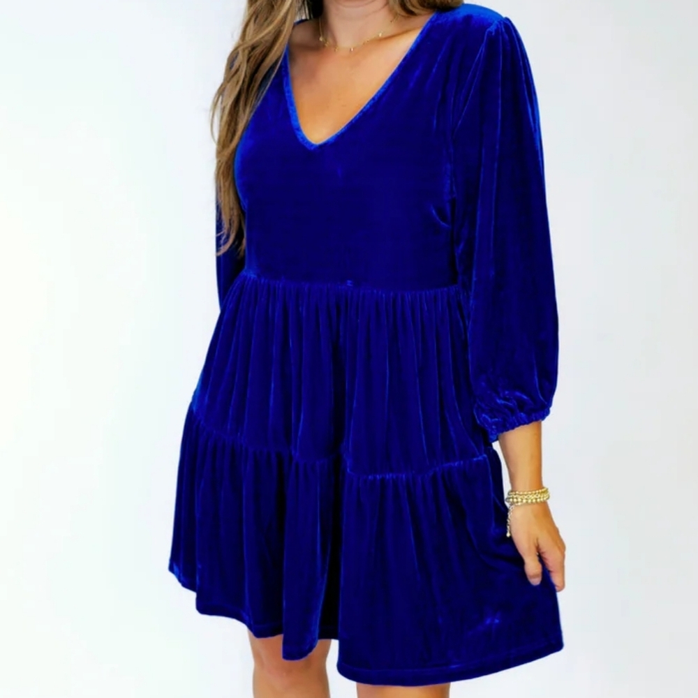 Umgee Cobalt Blue Velvet Dress V-Neck Tiered Flowy Holiday Party Date Night